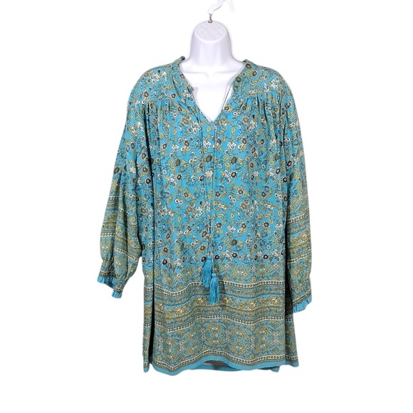 Natural Life Womens Dara Tunic Dress Size Medium Turquoise Floral V-Neck Boho - Picture 1 of 12